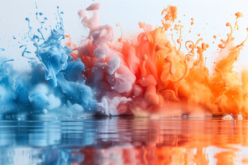 éclaboussure de peinture en forme de vagues et de fumée avec de l'eau en fond. - obrazy, fototapety, plakaty