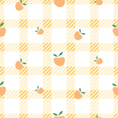Yellow classic checkered tablecloth texture with peach fruits, background for table cloth textile design