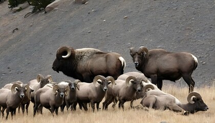 a-buffalo-with-a-herd-of-bighorn-sheep- 3