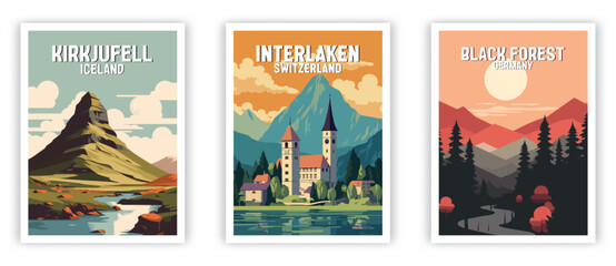 Kirkjufell, Interlaken, Black Forest Illustration Art. Travel Poster Wall Art. Minimalist Vector art - obrazy, fototapety, plakaty