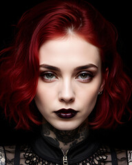 portrait of a woman with red hair, who dons some kind of goth makeup