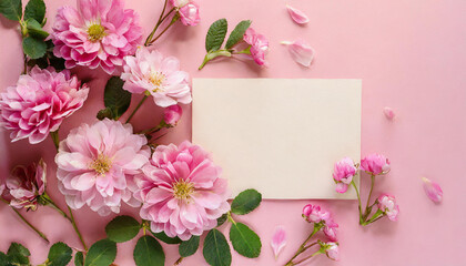 Mock up of white blank paper card and beautiful pink flowers. Spring bouquet on table. Flat lay