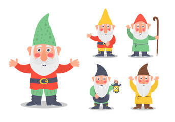 Collection cute of garden gnome or dwarfs holding lantern, banner, mushroom, watering can. Set of cute fairytale character. Classic Garden gnomes in colorful outfits different situations. Vector.