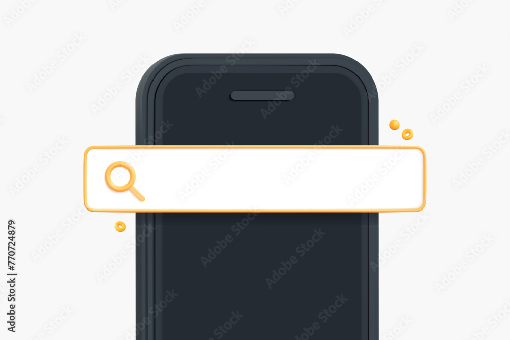 Poster 3d mobile phone with yellow search bar. navigation search for browser. smartphone with website. find