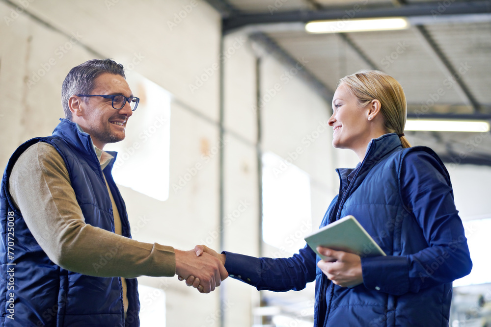 Poster welcome, deal and business people with handshake for partnership, distribution or agreement. profess