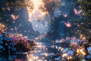 Twilight Whispers,Exploring the Mystical Fairy Glen, Where Glowing Flowers and Shimmering Wings Illuminate the Enchanted Forest's Depths
