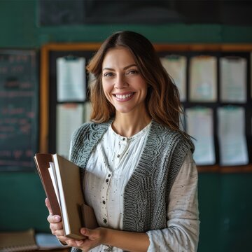 A welcoming female teacher smiling in a classroom environment, conveying a friendly and accessible teaching approach