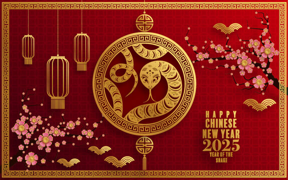Happy chinese new year 2025  Background with snake,
year of the chinese snake zodiac with on color Background. ( Translation : happy new year, chinese snake 2025 )
