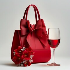 A stylish composition with a luxurious red handbag adorned with flowers, next to a filled wine glass