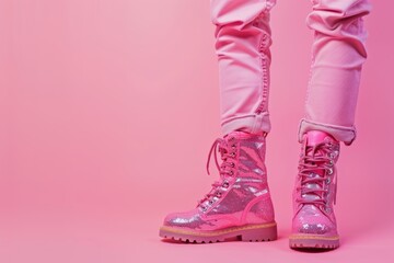 A fashion-forward pair of shiny pink boots against a monochromatic pink background