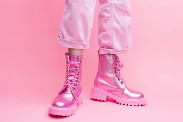 Trendy pink metallic boots against a pink background, showcasing stylish and bold fashion footwear choice