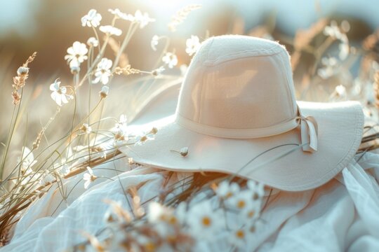 Warm, golden-hour image featuring a casual white hat resting on a blanket in a field of wildflowers