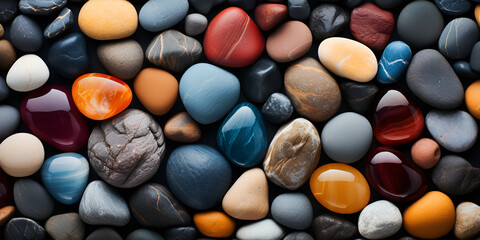 A collection of colorful rocks including rainbow colors and rocks.