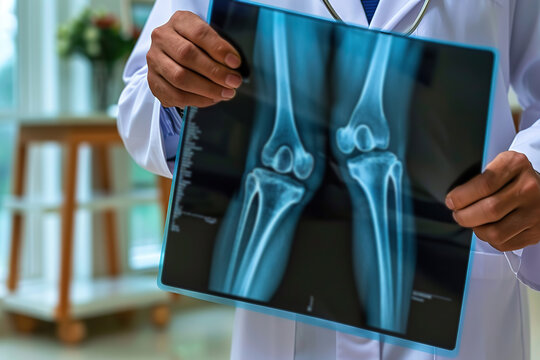 Cropped photo of serious doctor examining MRI results. A male specialist working in a hospital examines an x-ray of a patient's knee joint. Medicine and hospital concept. Medical healthcare. Banner