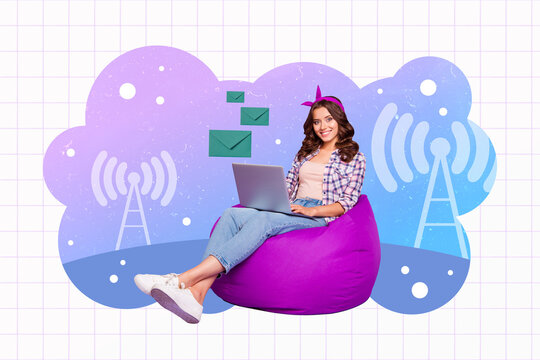 Composite trend artwork sketch image 3d photo collage of young lady sit on beanbag hold laptop in hand type sms internet signal station