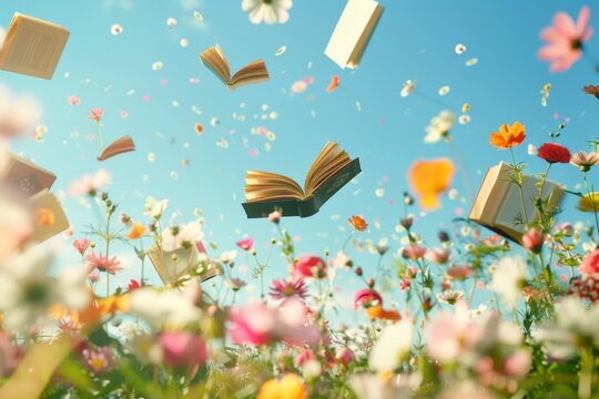 Books soaring amidst a rainbow of wildflowers and the summer blue sky, symbolizing the ascent of knowledge