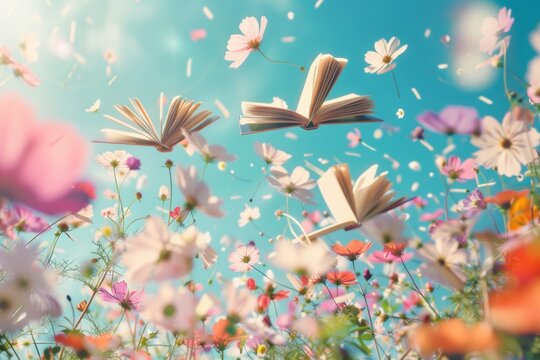 Ethereal scene of open books gracefully floating through air filled with softly falling petals and flowers