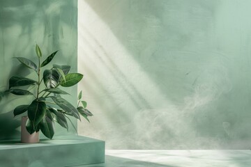 Vibrant green leaves of a houseplant illuminated by soft sunlight filtering through a window - obrazy, fototapety, plakaty