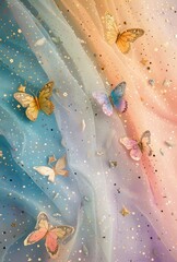 Draped fabric in pastel tones adorned with butterflies and sparkling accents, conveys softness and delicacy