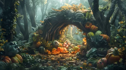 Crédence de cuisine en verre imprimé Forêt des fées A forest scene with a large pumpkin archway
