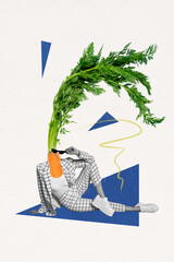 Vertical creative composite photo collage of headless woman carrot instead of head with stylish...