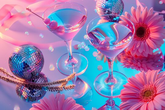 This energetic image captures two cocktail glasses with cherries, surrounded by disco balls, flowers, and dynamic lighting