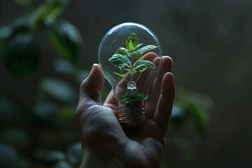 A hand holds a light bulb with a green plant inside, set against a background of plant leaves. Concepts of sustainable energy, natural power grids, and environmental protection. Copy space.