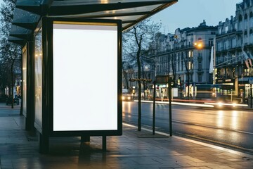Urban Advertising Hub: Blank White Billboard Mock-Up at Bus Stop on City Street. in The Background Buildings and Road