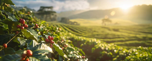 Foto op Aluminium Bright morning sun shines over coffee plantation or farm. Red raw berries on small shrubs in foreground. Generative AI © Lubo Ivanko