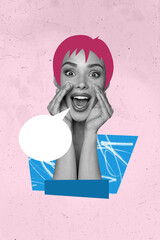 Vertical image collage of beautiful young girl short hair open mouth scream talk dialogue...