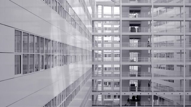 City Hall modern white architecture with elevated walkway in The Hague