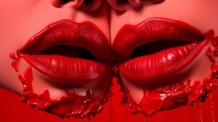 Two women's lips are painted red and dripping with blood