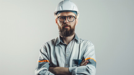 a handsome professional site engineer man, constructor, builder, or construction worker with a helmet. Intelligent face serious look. - obrazy, fototapety, plakaty