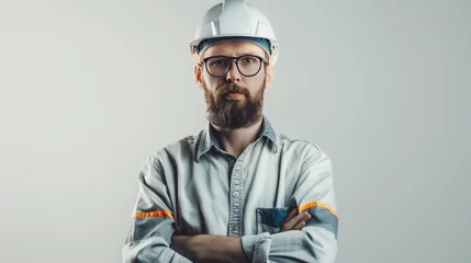 Fotobehang a handsome professional site engineer man, constructor, builder, or construction worker with a helmet. Intelligent face serious look. © Lahiru