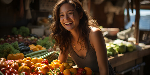 A woman in a colorful marketplace, smiling as she selects fresh produce, reflecting the happiness found in vibrant, local markets. 