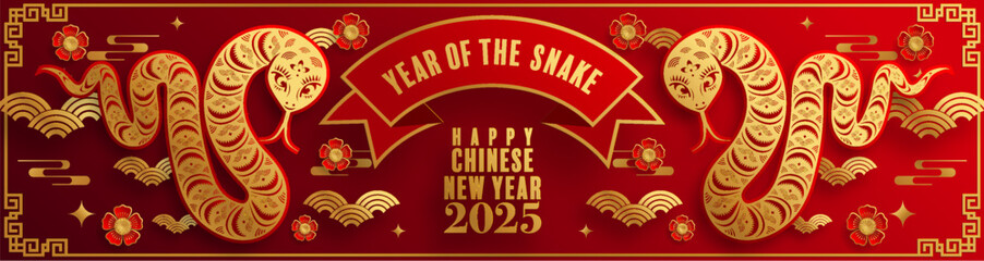 Happy chinese new year 2025  the snake zodiac sign with flower,lantern,pattern,cloud asian elements red,gold  paper cut style on color background. (Translation : happy new year 2025 year of the snake)