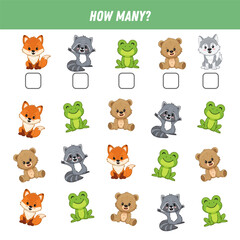 How many animals are there. Count the number of animals. Cute fox, raccoon, frog, bear, wolf. Math worksheet for kids. Vector
