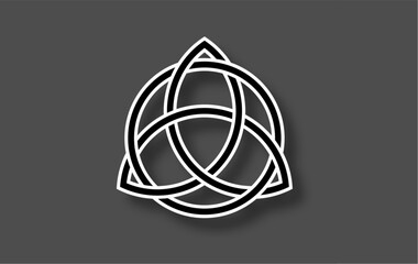 Triquetra geometric logo, Trinity Knot, Wiccan symbol for protection. Vector black and white Celtic knot isolated on gray background. Wicca divination symbol, ancient occult sign - obrazy, fototapety, plakaty
