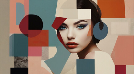 Abstract collage art composition of beautiful woman portrait, colorful wallpaper modern art.