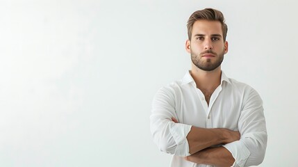 A handsome young man in a white shirt is standing with his arms crossed.