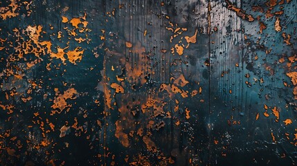 Grunge texture. Dark blue wooden planks with cracked orange paint. Weathered wood background.