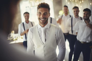 Foto op Canvas Groom in white waistcoat smiles brightly, groomsmen in background, joyful wedding. © Archil