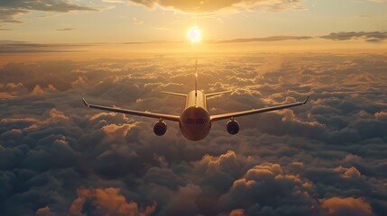 A commercial passenger airplane is flying high above the clouds at sunset.