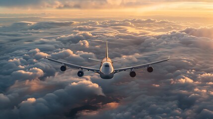 A large passenger plane is flying high above the clouds. The sun is setting, and the sky is a beautiful orange and yellow color.