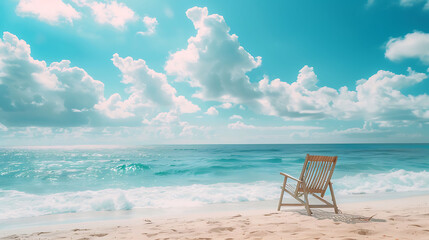 The image is of a beach with a wooden chair sitting on the sand. The sky is blue and there are white clouds.