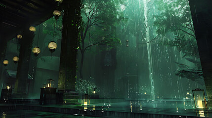 A beautiful and serene image of a rainy day in a bamboo forest.