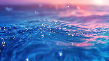 Defocused, close up water surface with sunset light reflecting. Blurred, smooth, gentle waves background.