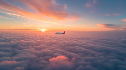 Passenger plane flying at high altitude above the clouds during sunset.