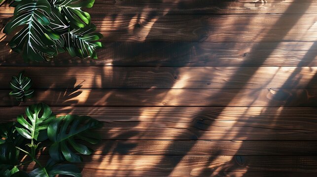 The image is a dark wood background with a few green leaves in the corner. The leaves are casting shadows on the wood.