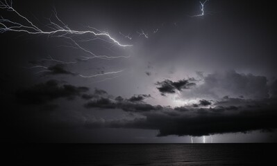lightning and thunderbolts over the sea at night